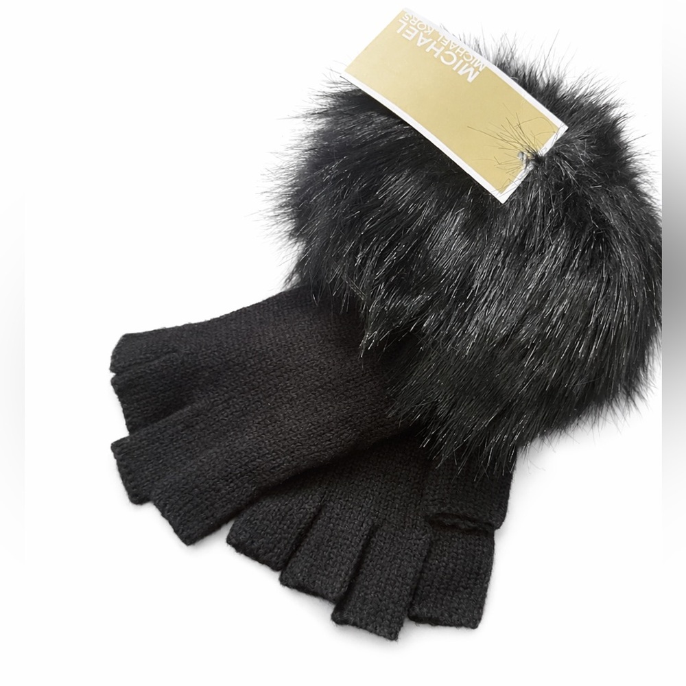 Michael Kors Black Fingerless Gloves with Faux Fur Pom